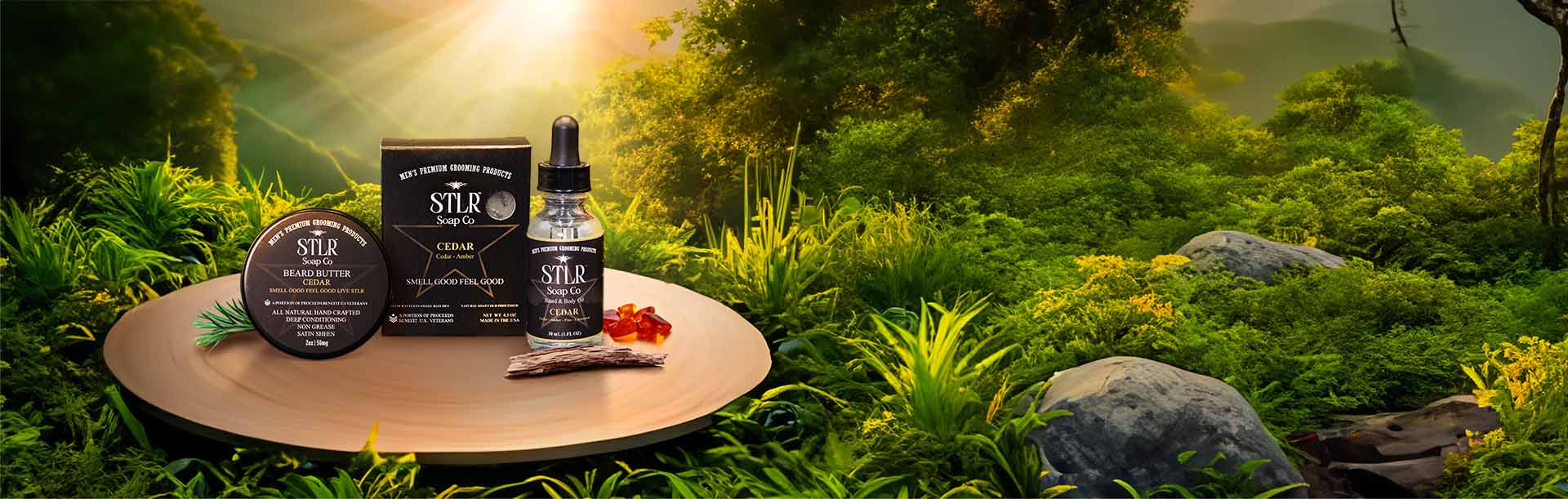 A nature themed environment showcasing cedar collection of men's products