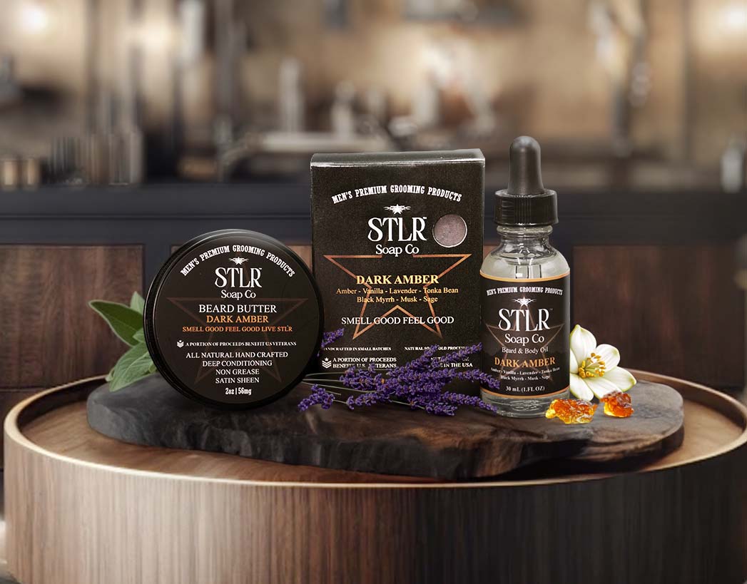 A barber shop themed environment showcasing dark amber collection of men's products for mobile devices