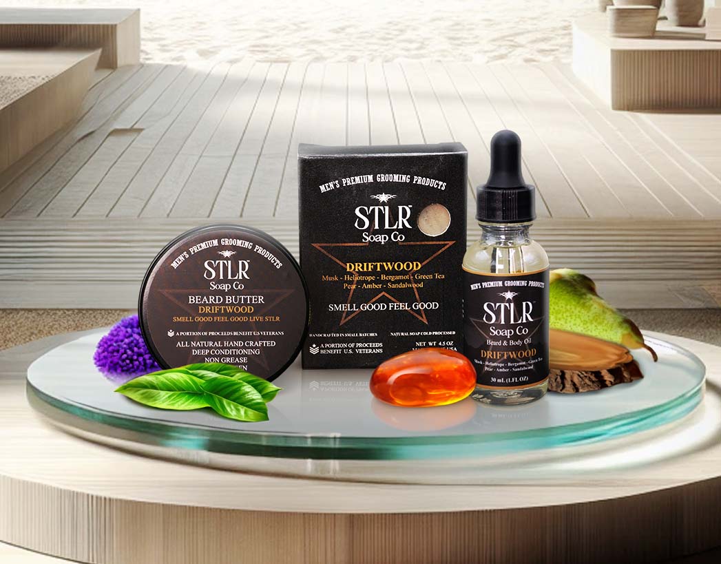 A sandy woody themed environment showcasing driftwood collection of men's products for mobile devices