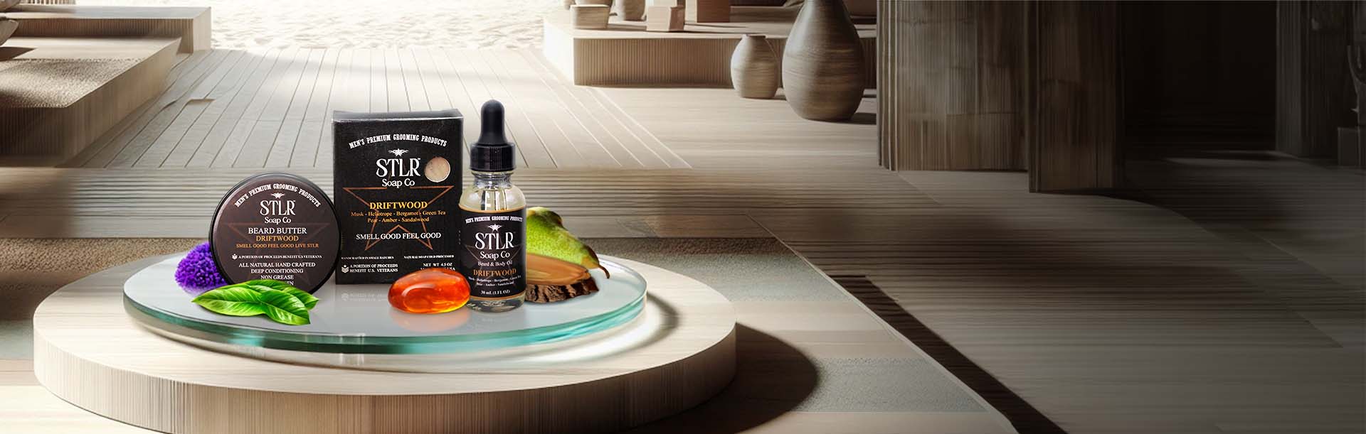 A sandy woody themed environment showcasing driftwood collection of men's products