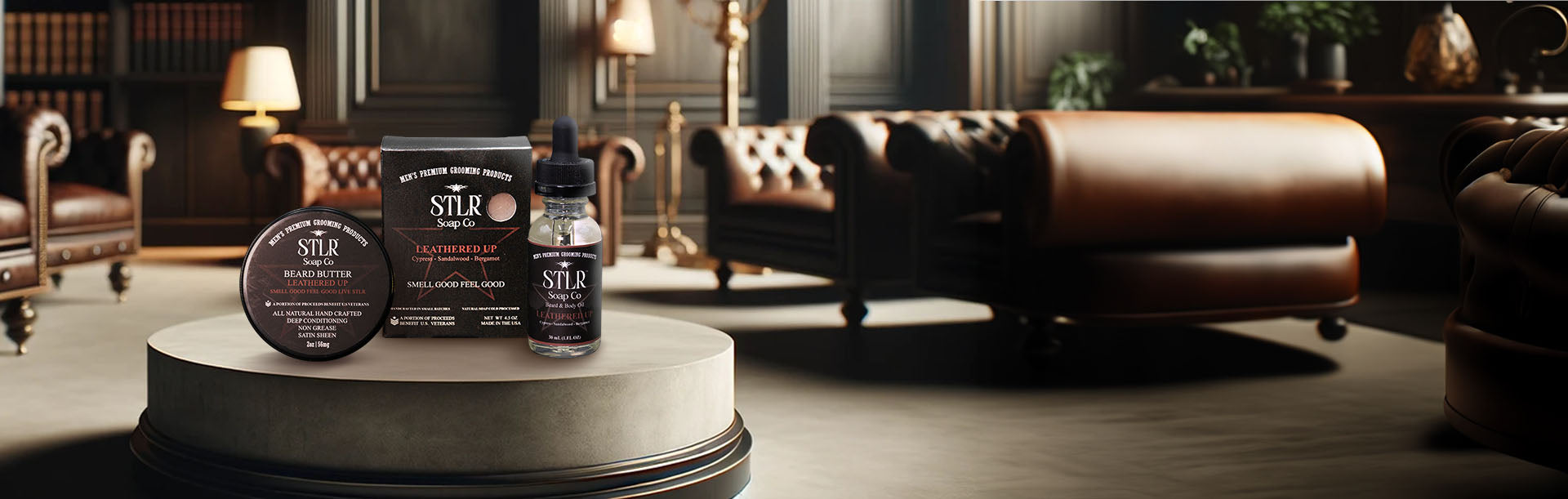 A leather themed environment showcasing Leathered Up collection of men's products
