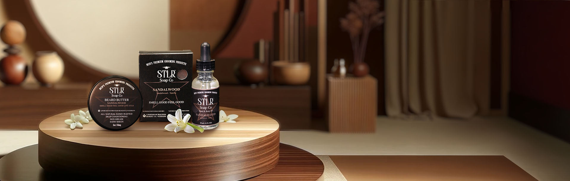 A sandalwood themed environment showcasing sandalwood collection of men's products