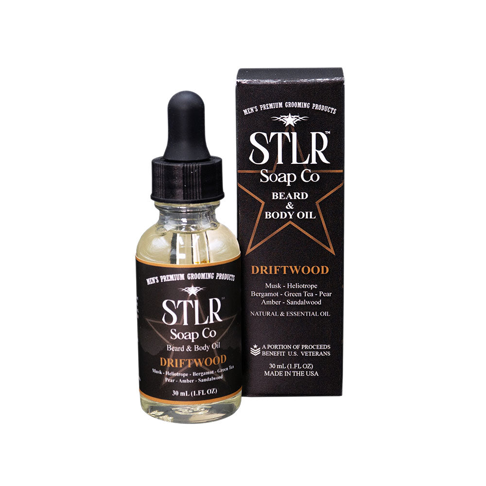 driftwood scented beard oil with packaging