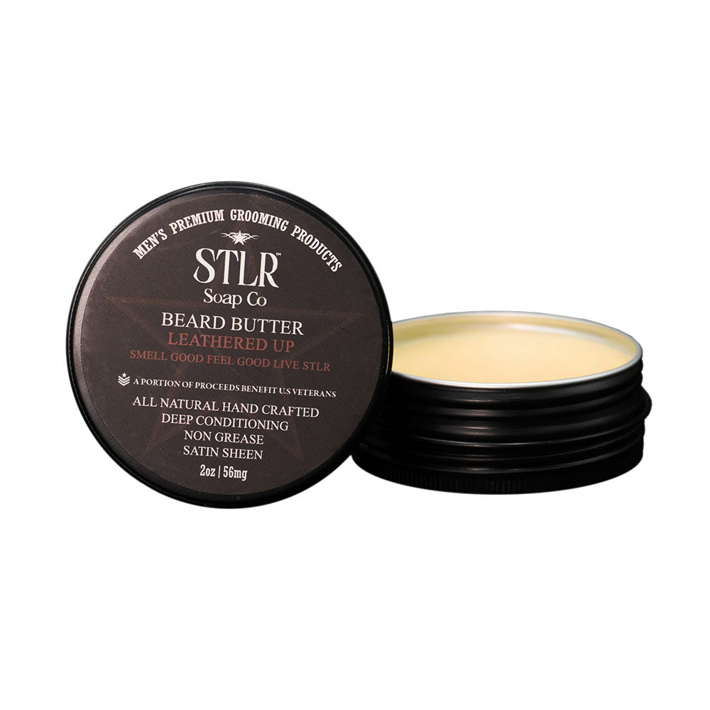 leathered up scented beard butter with packaging