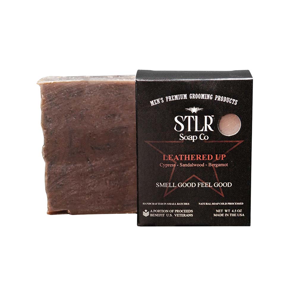 leathered up scented soap next to soap packaging