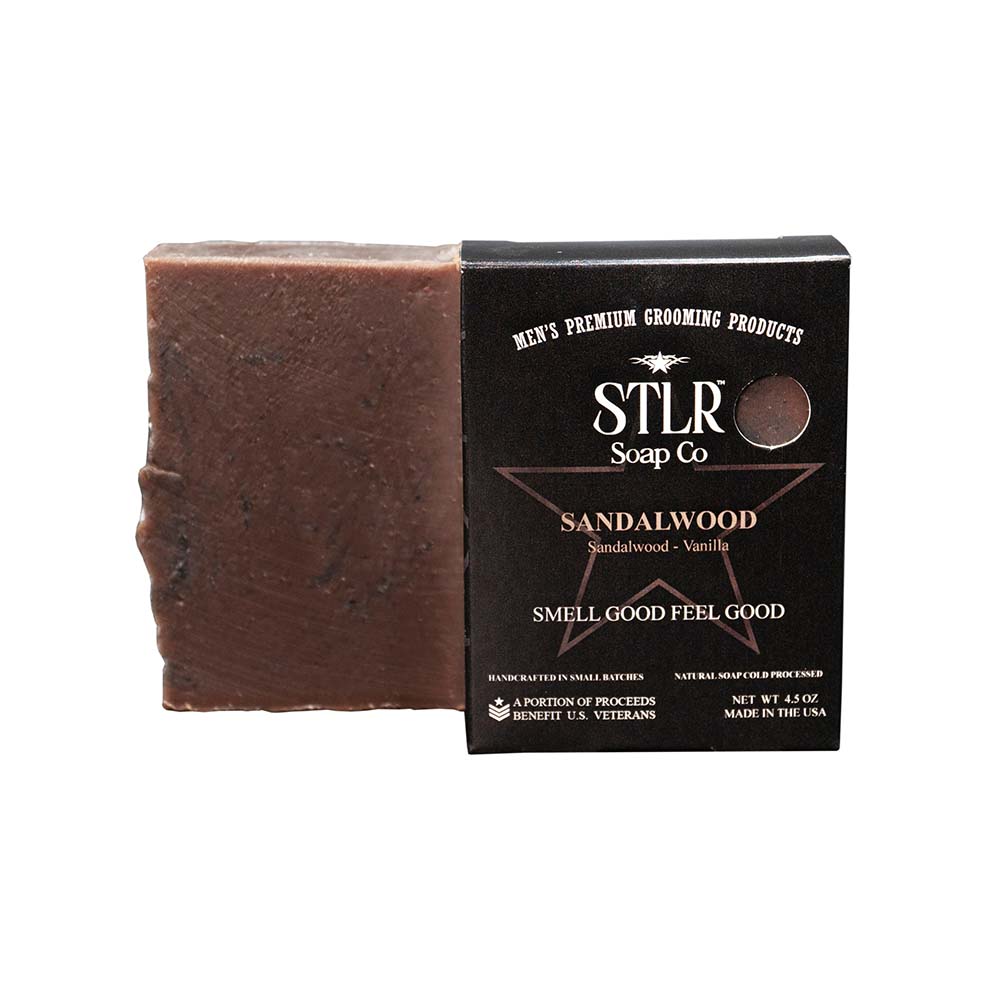 sandalwood scented soap next to soap packaging