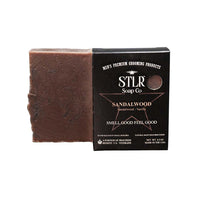 sandalwood scented soap next to soap packaging