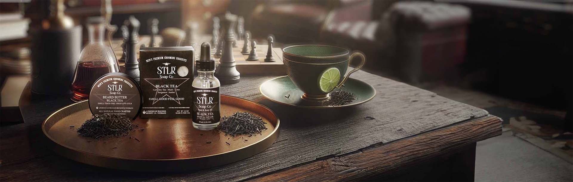 A rustic themed environment showcasing black tea collection of men's products