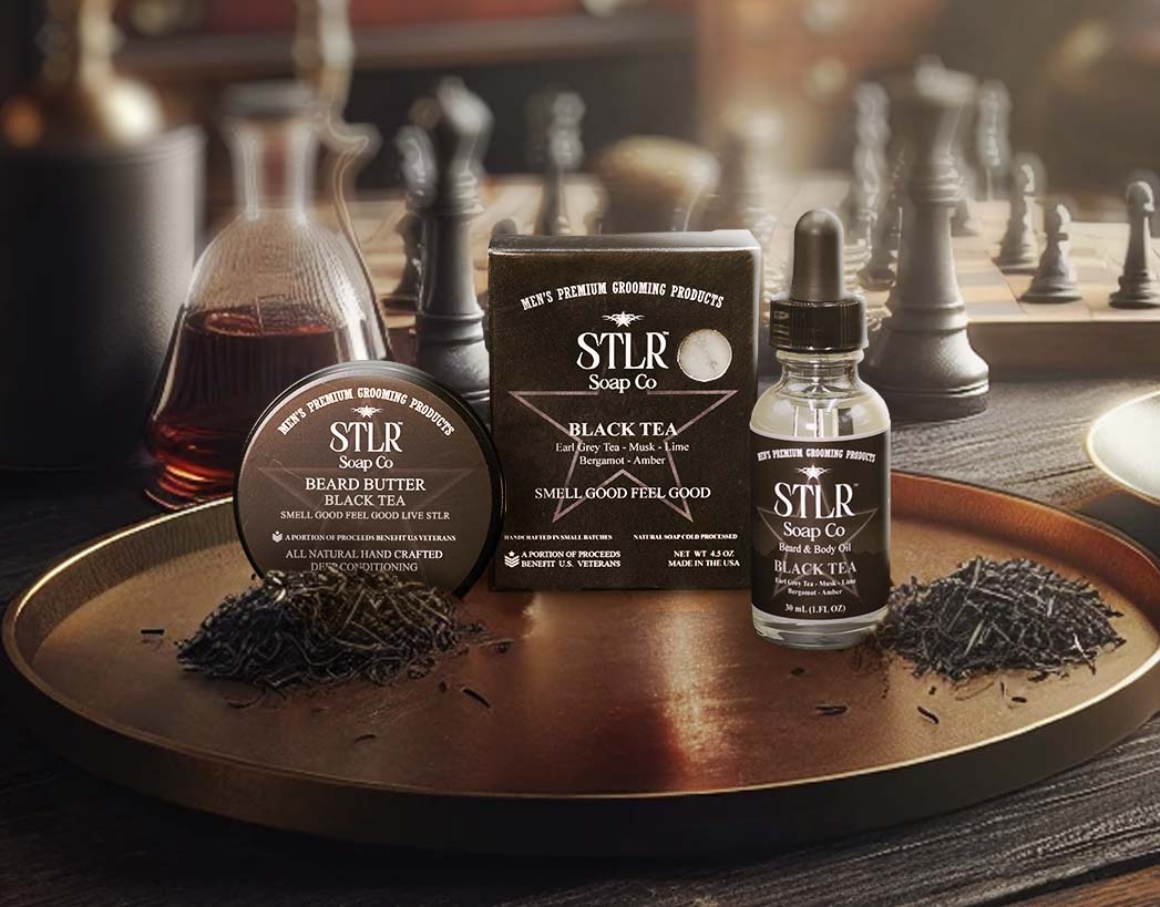 A rustic themed environment showcasing black tea collection of men's products for mobile devices