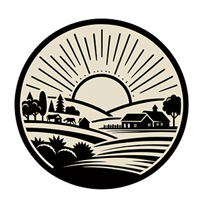 A stylized country-themed vectorized icon featuring the sun and a country house surrounded by hills and trees