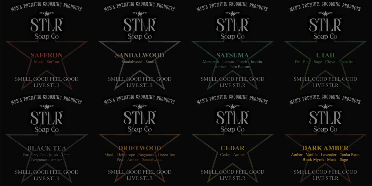 An image of STLR soap product labels distributed in a 6 x 2 grid with a transparent black overlay