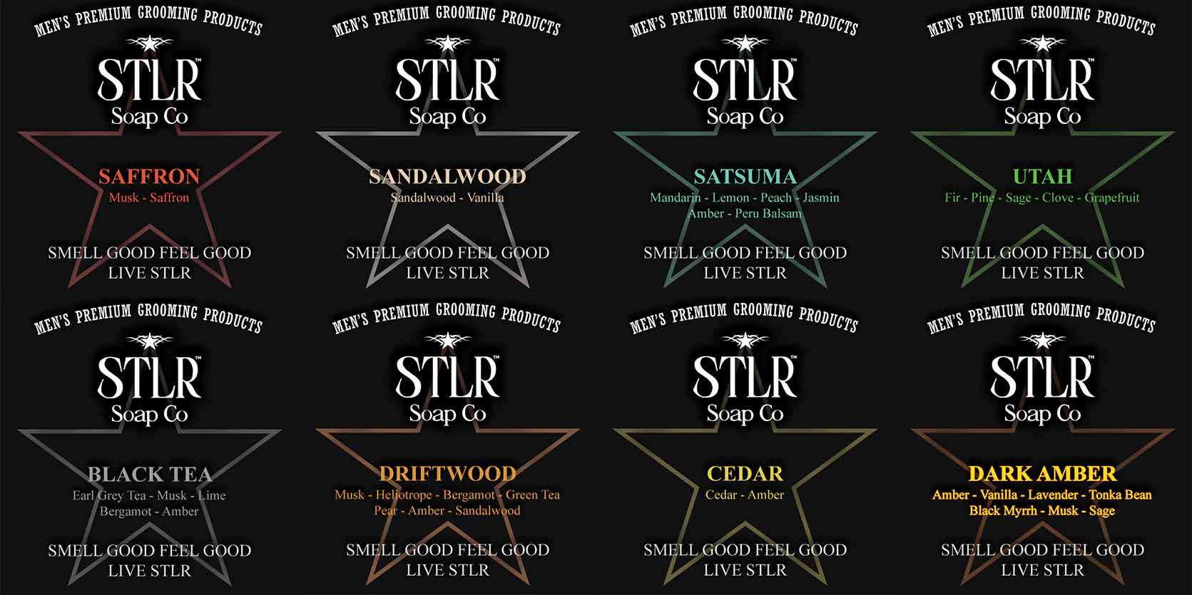 An image of STLR soap product labels distributed in a 6 x 2 grid