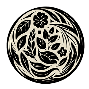A stylized nature-themed vectorized icon with elements such as leaves and flowers