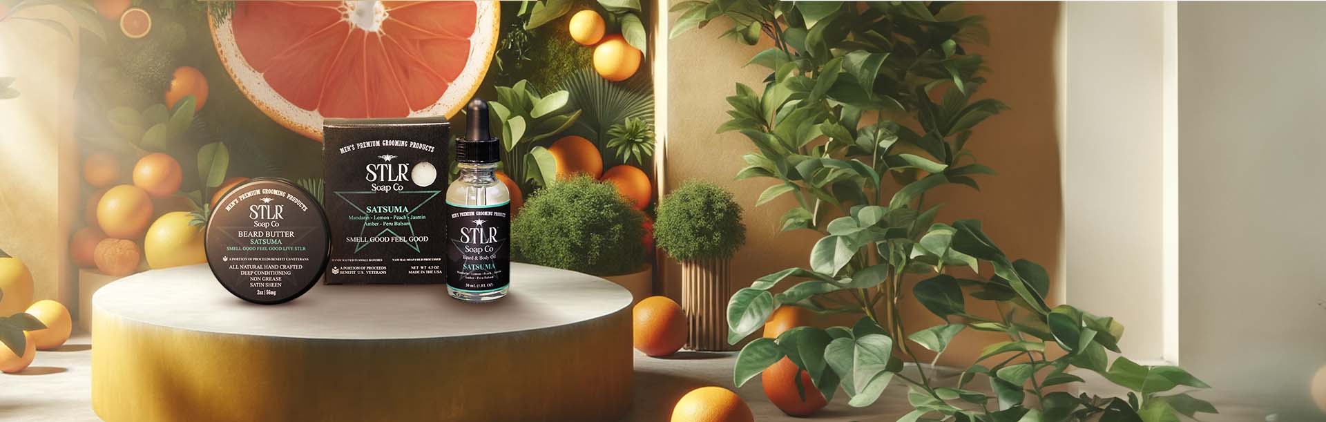 A citrus themed environment showcasing satsuma collection of men's products