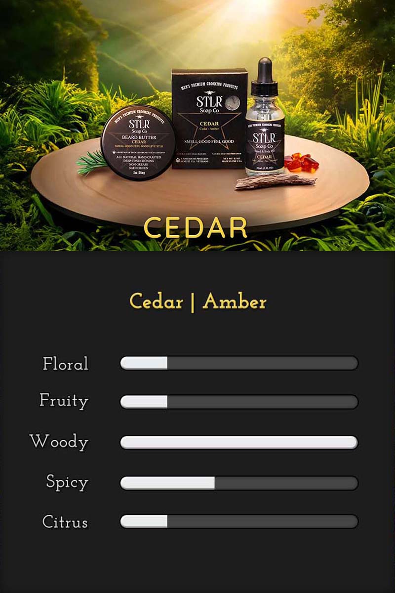 graphic featuring a scale of scent notes for STLR's Cedar Men's Soap for mobile devices