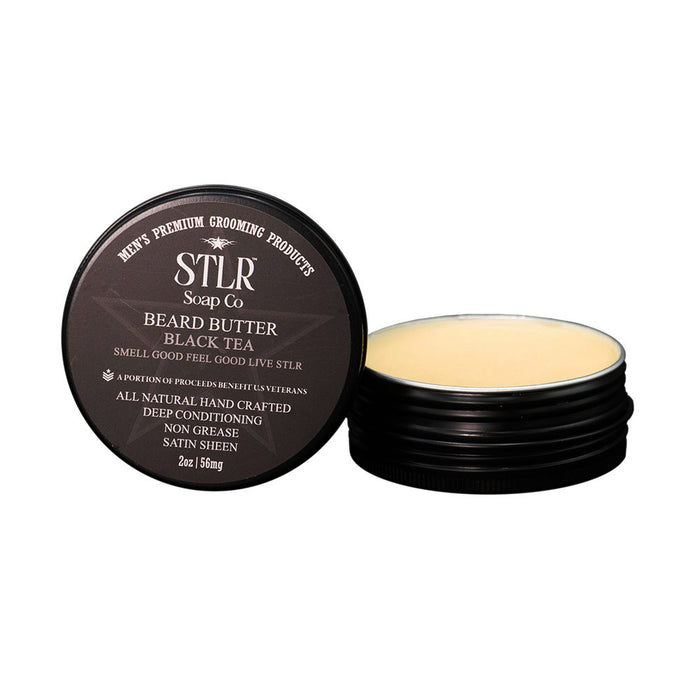 black tea scented beard butter with packaging