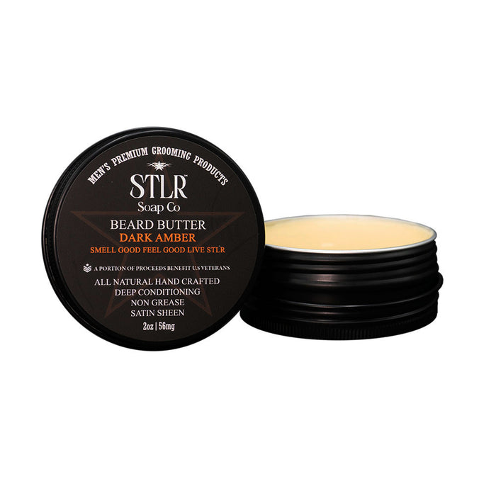 dark amber scented beard butter with packaging
