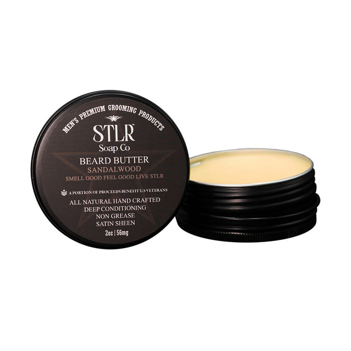 sandalwood scented beard butter with packaging