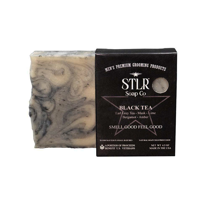 black tea scented soap next to soap packaging