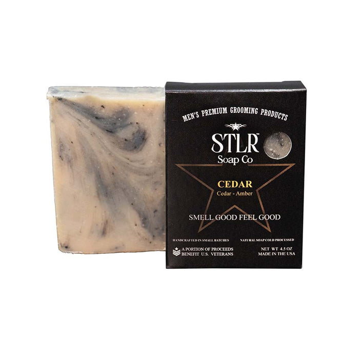 cedar scented soap next to soap packaging