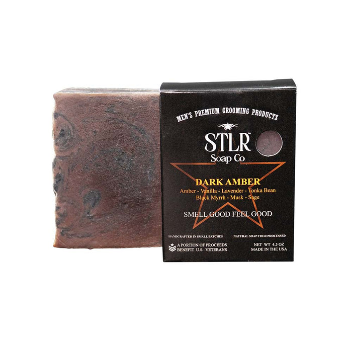 dark amber scented soap next to soap packaging