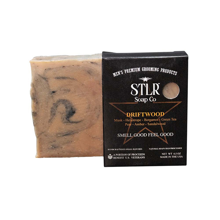 driftwood scented soap next to soap packaging